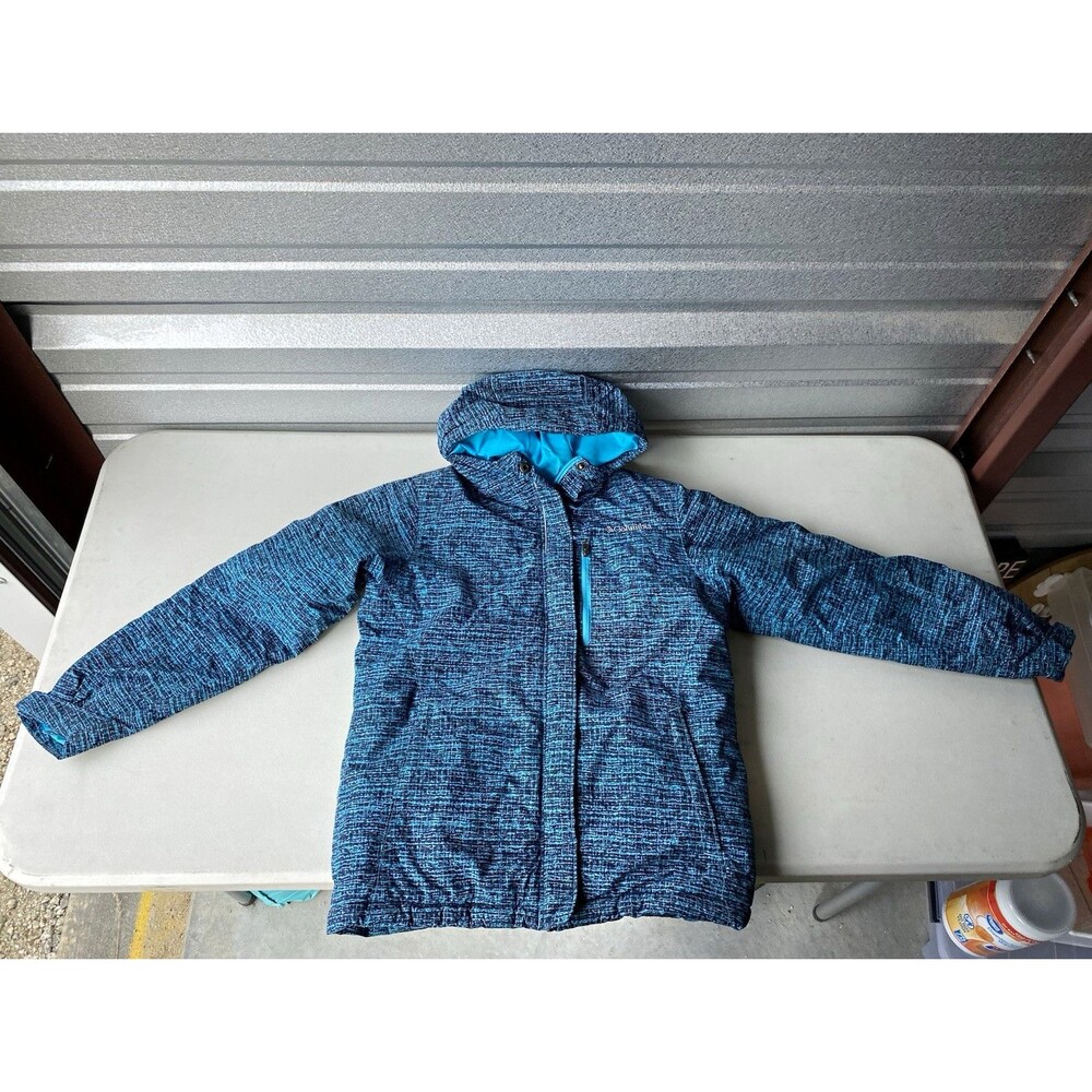 Columbia Youth Medium 10/12 Hooded Winter Jacket Blue Print Ski Snow Coat
